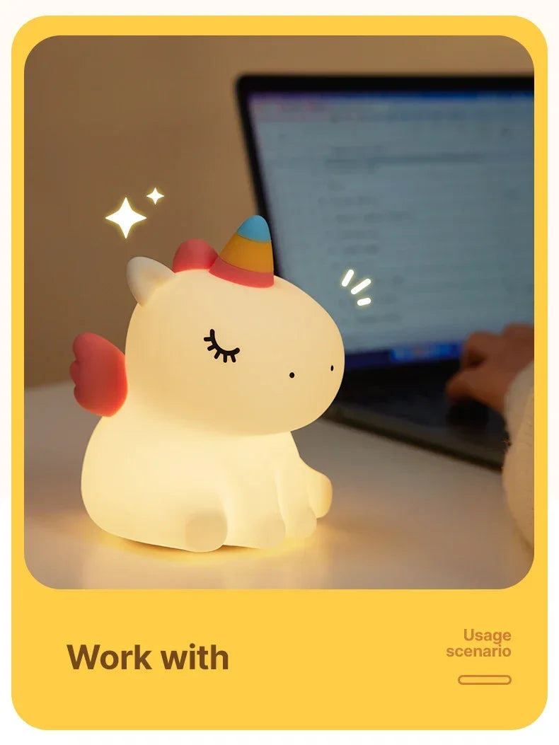 Cartoon Unicorn Night Lamp Soft Silicone Pat Light Warm Light Eye Protection Night Reading Lamp Desktop Kid's Room Decoration