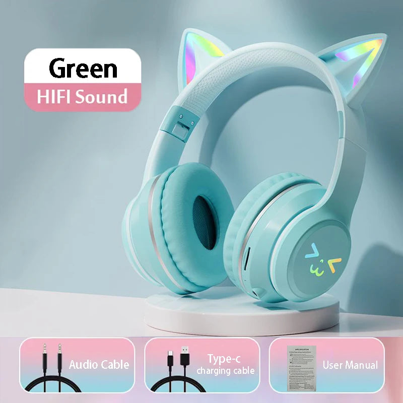 Flash Light Pink Cute Cat Ear Headphones Wireless Bluetooth Earphone Over-ear Noise Cancelling Folding Headset Girl Gift Earbuds