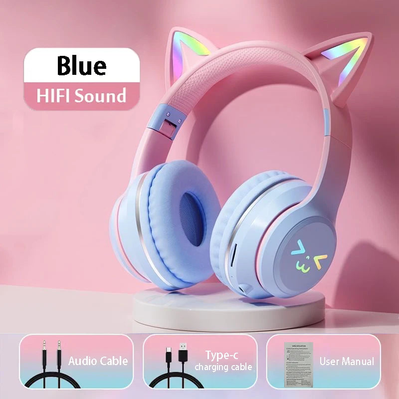 Flash Light Pink Cute Cat Ear Headphones Wireless Bluetooth Earphone Over-ear Noise Cancelling Folding Headset Girl Gift Earbuds
