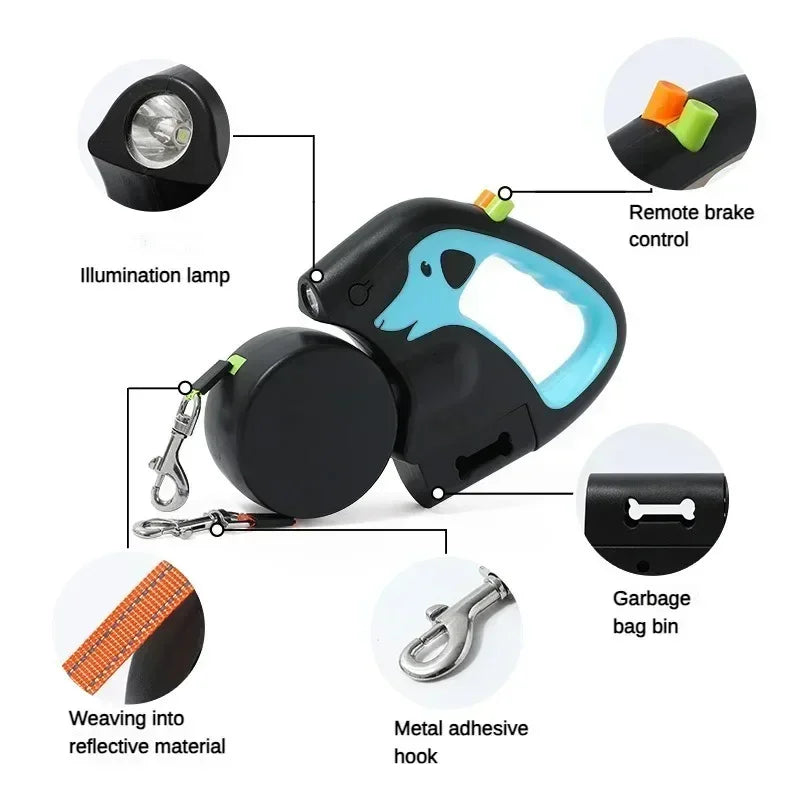 Portable Rotating Pet Leash for 2 Dogs, Double End Leash, Light Retractable Roulette, Walking Supplies