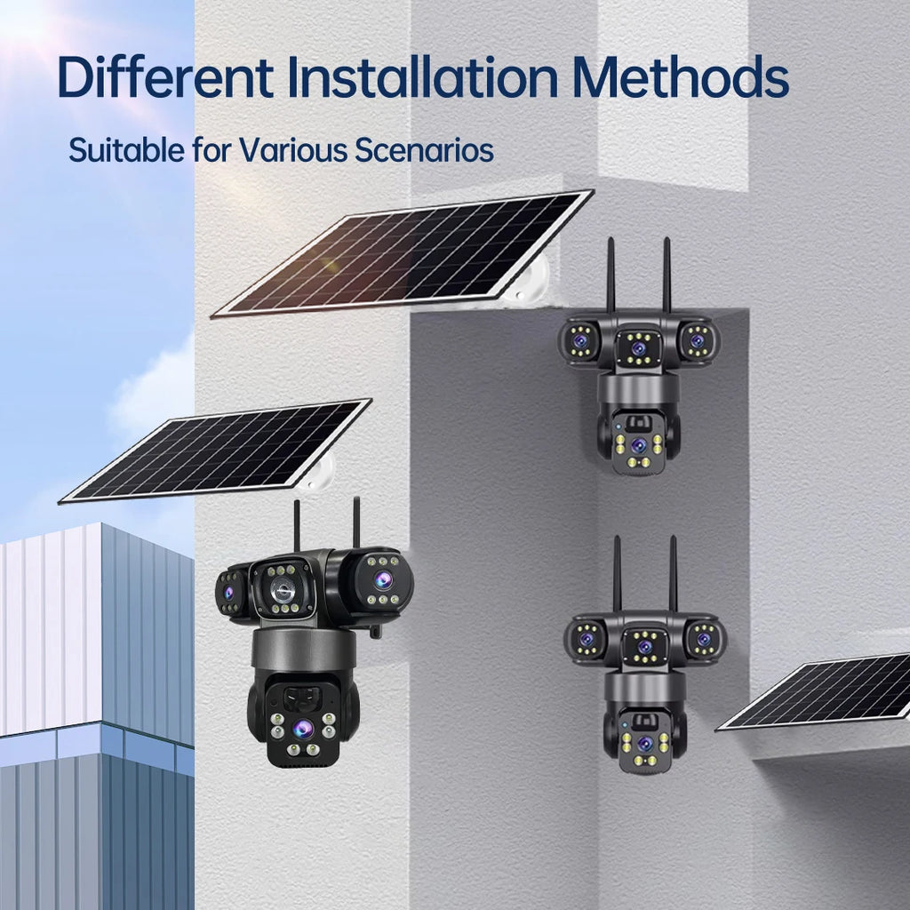 WiFi Solar Camera Three Lenses Outdoor 15MP 8K HD Low Power Battery IP Camera PIR Night Vision V380 Pro CCTV Security Protection