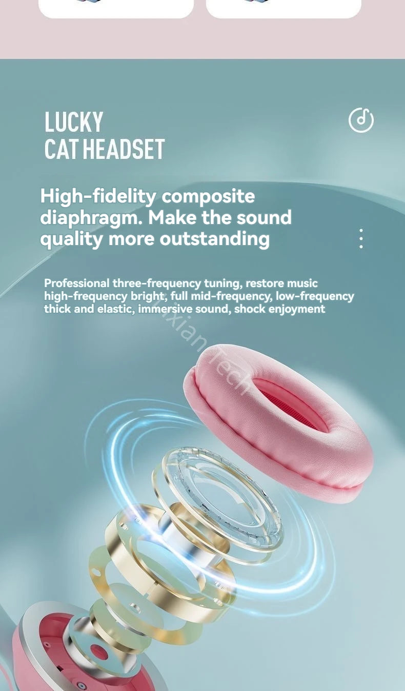 Flash Light Pink Cute Cat Ear Headphones Wireless Bluetooth Earphone Over-ear Noise Cancelling Folding Headset Girl Gift Earbuds