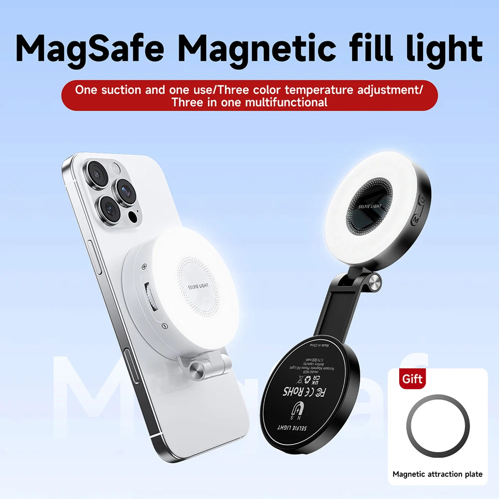 Magnetic Selfie Light Compatible with MagSafe iPhone&Android Phone Light with a Mirror 360° Folding LED Selfie Ring Fill Light