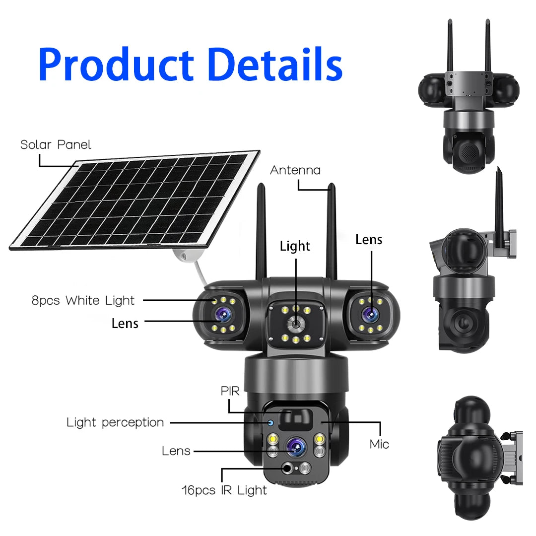 WiFi Solar Camera Three Lenses Outdoor 15MP 8K HD Low Power Battery IP Camera PIR Night Vision V380 Pro CCTV Security Protection