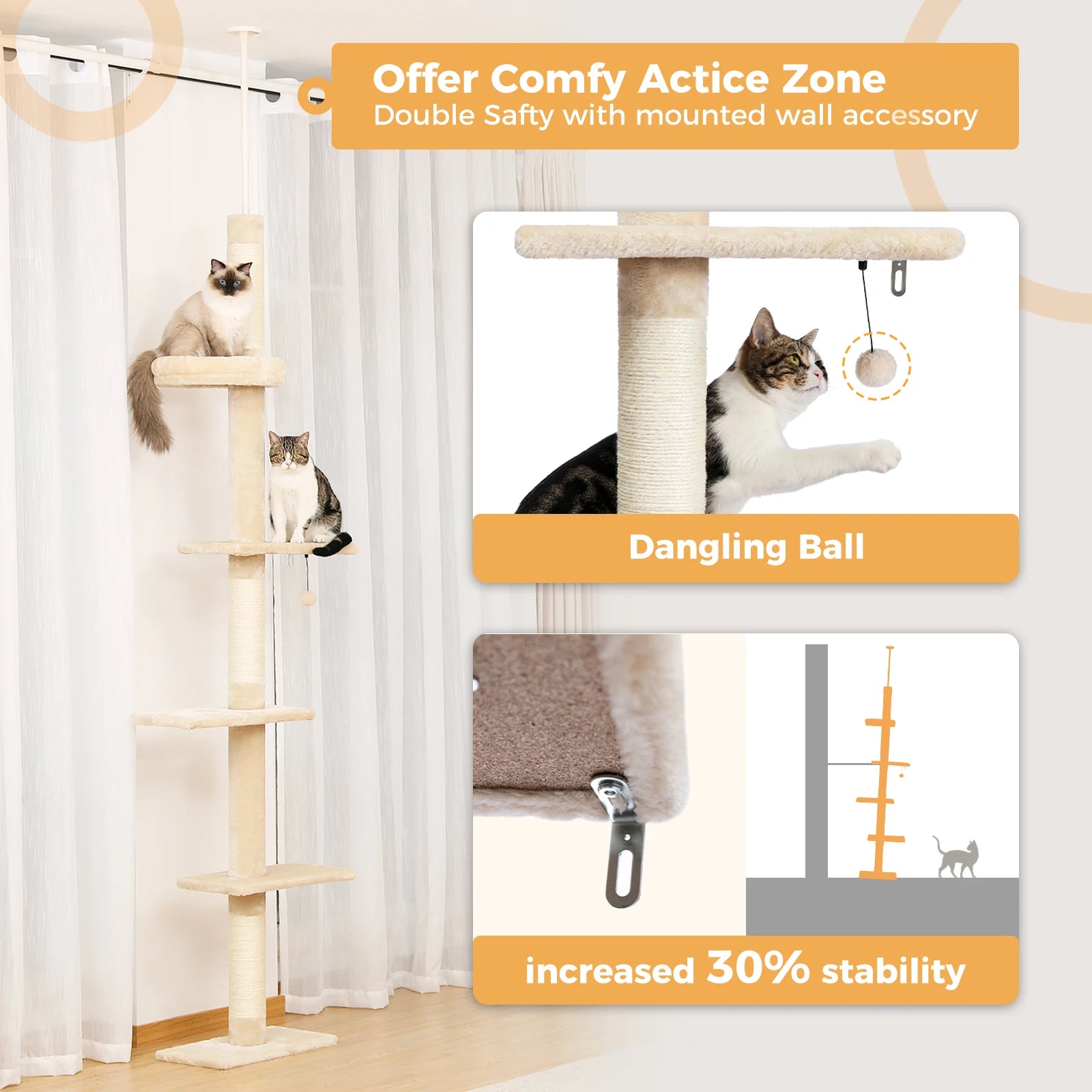 Adjustable Height Cat Tree for Indoor, Floor to Ceiling Cat Tower with Scratching Posts, Cat Scratcher Furniture, Kitten Toys