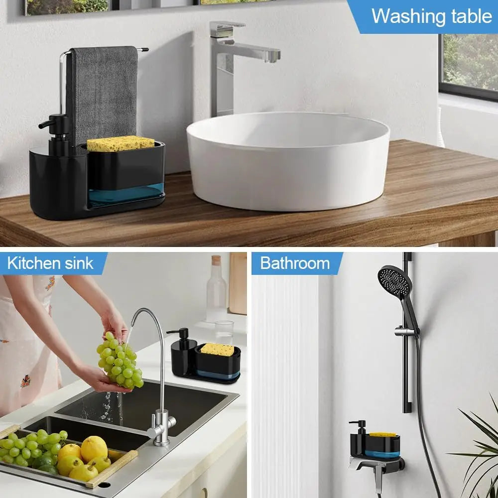Kitchen Soap Dispenser Set, Kitchen Sink Soap Dispenser, Dish Soap Dispenser with Sponge Rack, Rag Rack and Tray, 4-in-1 Storage