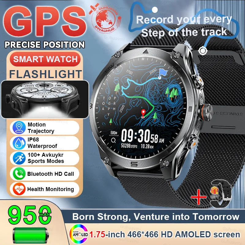 2025 New GPS SmartWatch 1000Mah Battery Compass 10ATM Waterproof Tactics Sport Flashlight BT call Smart Watch For Men For xioami
