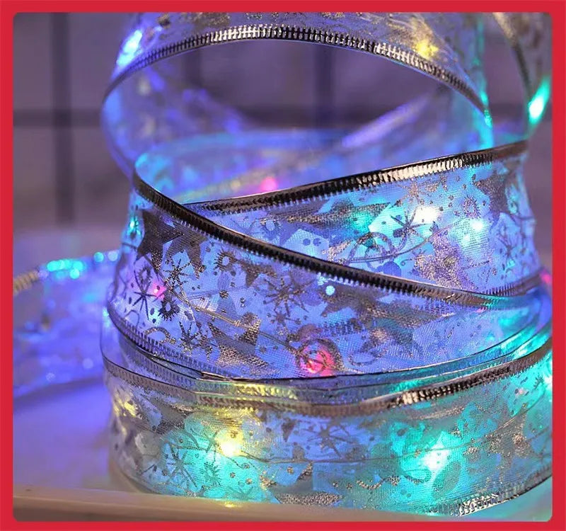 Christmas Ribbon Fairy Light Christmas Decoration DIY Bows String Light Tree Ornaments For Home 2024 Xmas Decor New Year Navidad