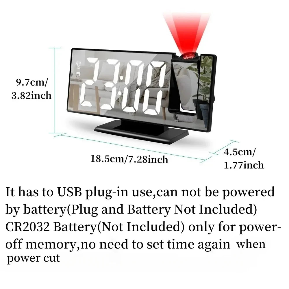c180° Arm Projection Alarm Clock Time Temperature USB Plug-in Digital Alarm Clock Snooze Table Clock 12/24H Projector LED Clok