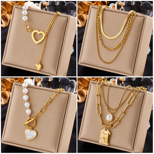 DIEYURO 316L Stainless Steel Gold Color Heart Pearl Pendant Necklace For Women Punk Street Rustproof Neck Jewelry Party Gift