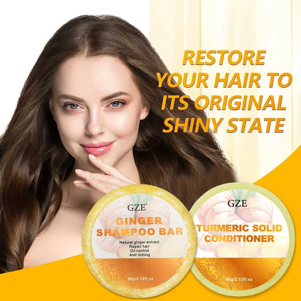 GZE Ginger Shampoo Bar Soap and Turmeric Solid Conditioner Hair Set for Thinning, Lock in Moisture & Shine and Control Frizz.