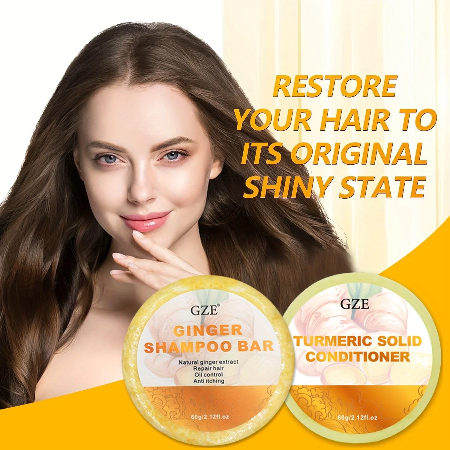 GZE Ginger Shampoo Bar Soap and Turmeric Solid Conditioner Hair Set for Thinning, Lock in Moisture & Shine and Control Frizz.