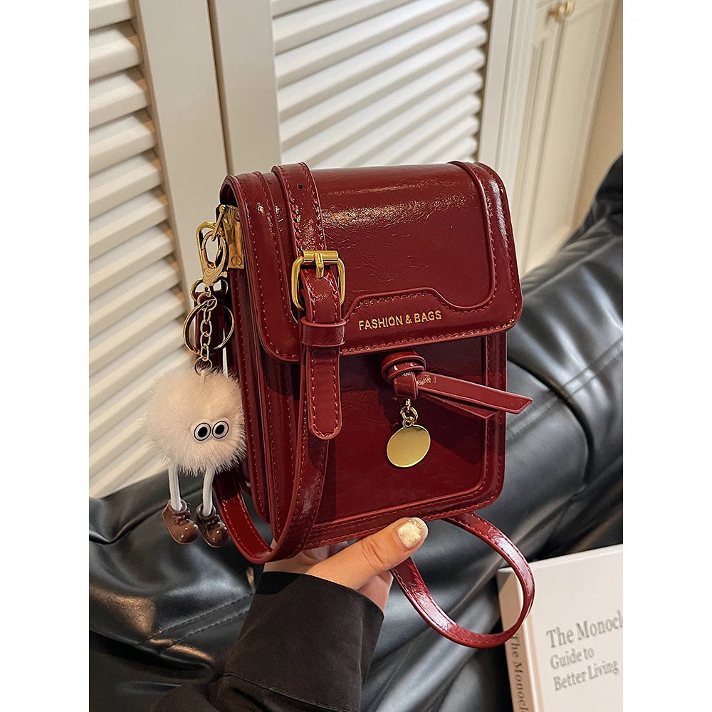 Women's Burgundy Crossbody Bag 2025 Fashion New PU Leather Square Texture Glossy Shoulder Packs Versatile Phone Lipstick Bags