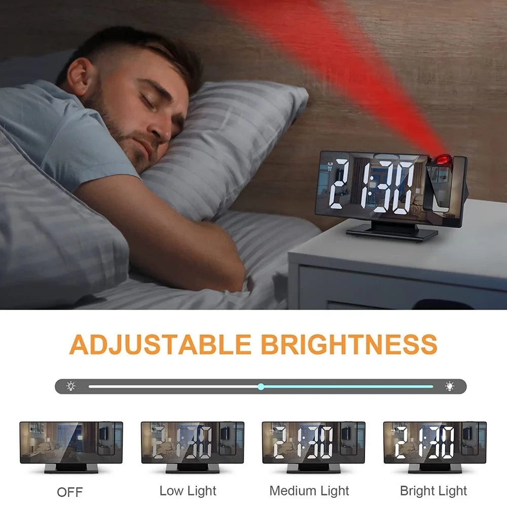 c180° Arm Projection Alarm Clock Time Temperature USB Plug-in Digital Alarm Clock Snooze Table Clock 12/24H Projector LED Clok