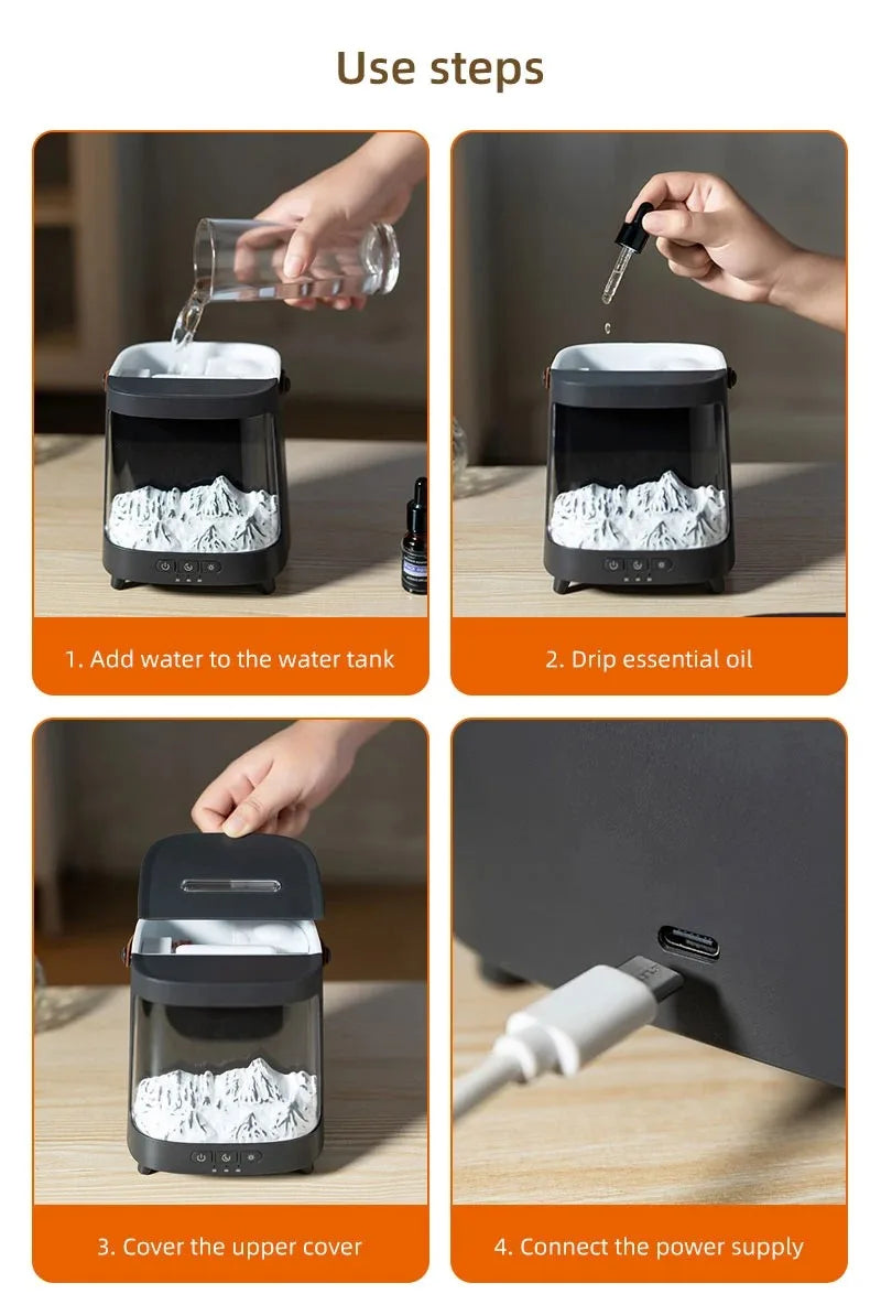 D631 Aurora Flame Humidifier Essential Oil Diffuser 200ml LED Light Remote Control Timing Spray USB-C