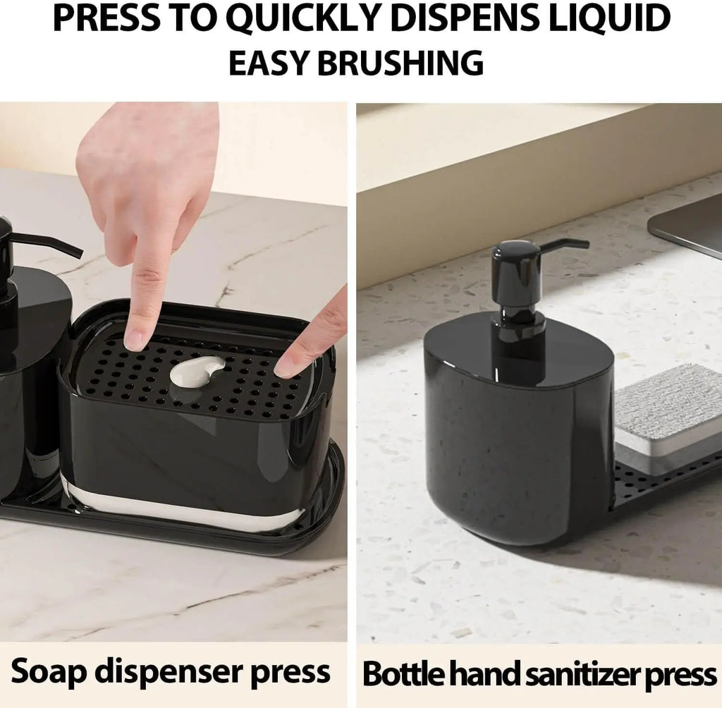 Kitchen Soap Dispenser Set, Kitchen Sink Soap Dispenser, Dish Soap Dispenser with Sponge Rack, Rag Rack and Tray, 4-in-1 Storage