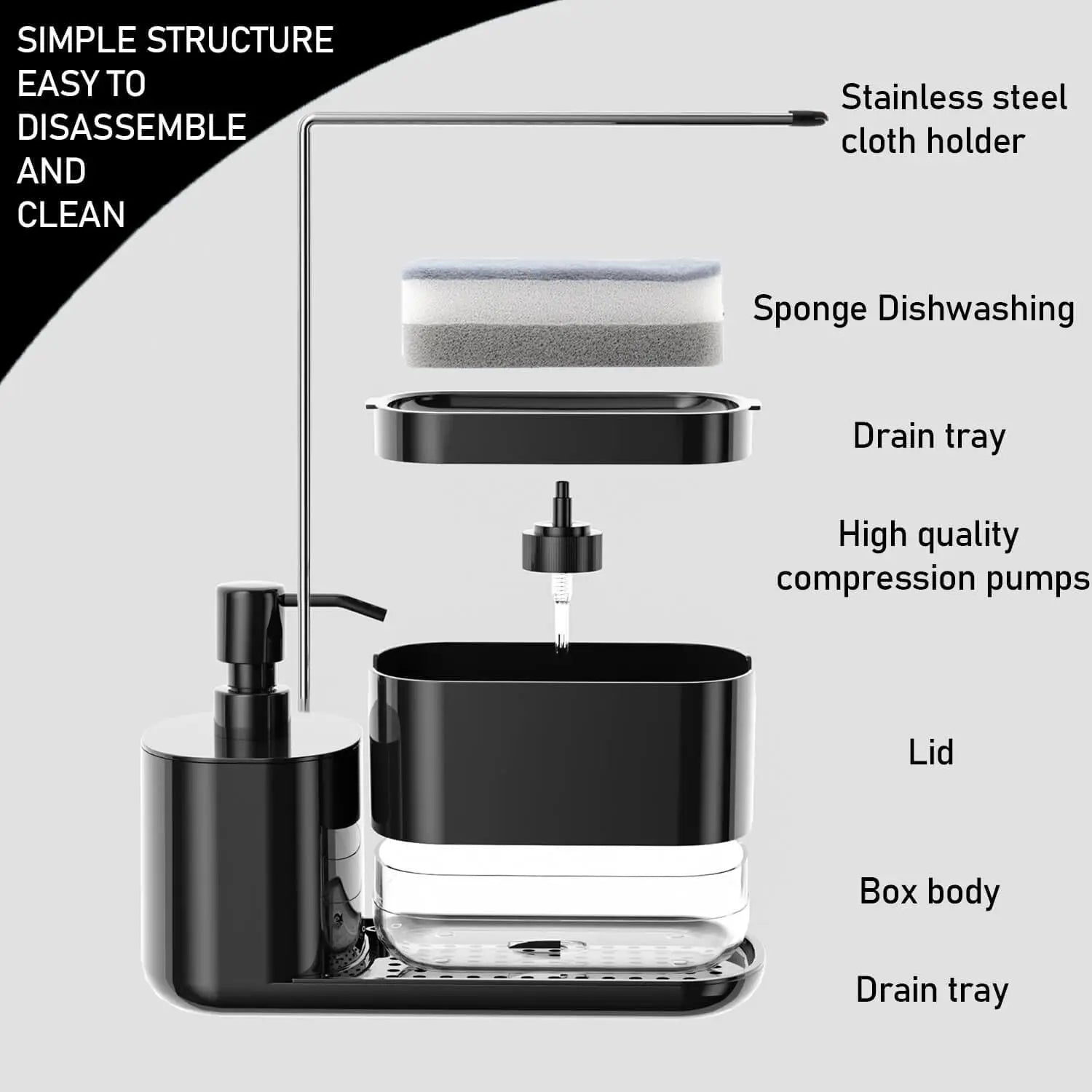 Kitchen Soap Dispenser Set, Kitchen Sink Soap Dispenser, Dish Soap Dispenser with Sponge Rack, Rag Rack and Tray, 4-in-1 Storage