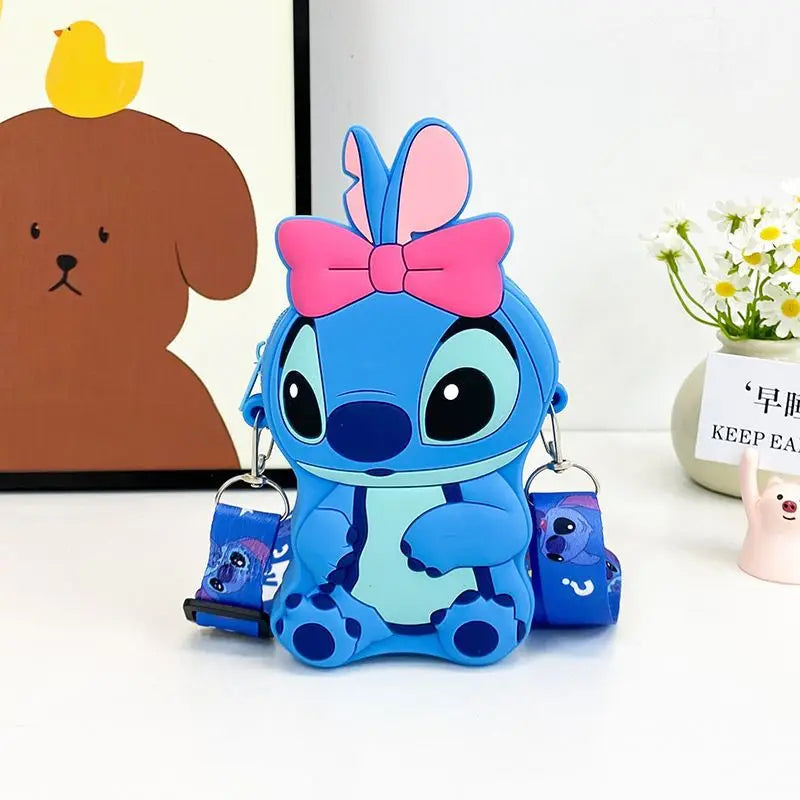 2025 new Shi Stitch cute boys and girls silicone coin purse go out cartoon small shoulder bag creative children storage bag.