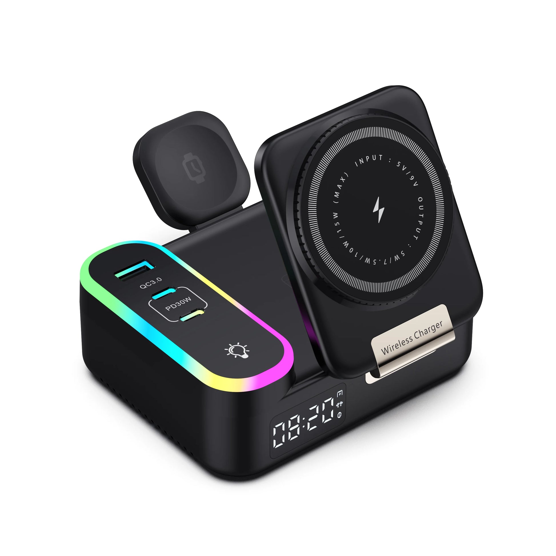15W Wireless Fast Charging Versatile MagSafe Wireless Charger With Retractable Cable Digital Clock and Folding Stand