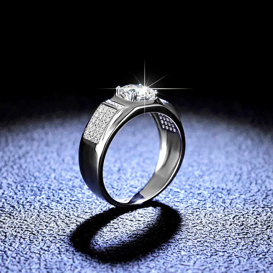 TY Classic Men's 1.0 Carat Real Moissanite white Ring 18K White Gold D Color Diamond Engagement Wedding Fine Jewelry Gift