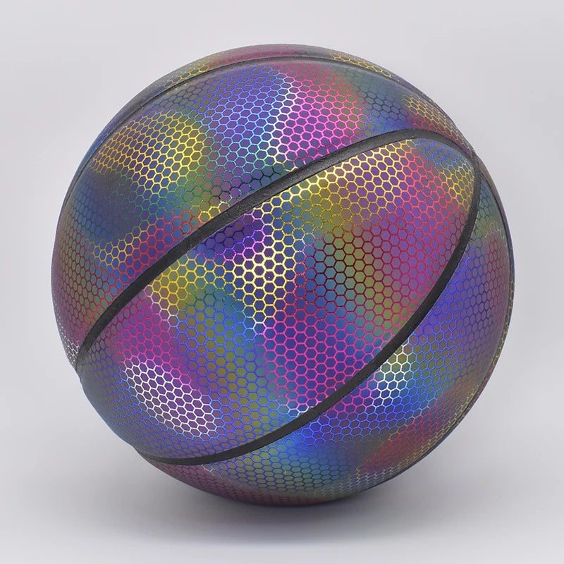 Size 7 PU Luminous Basketball Ball Holographic Reflective Lighted Flash Ball Wear-Resistant Glowing Basketball Night Sports Game