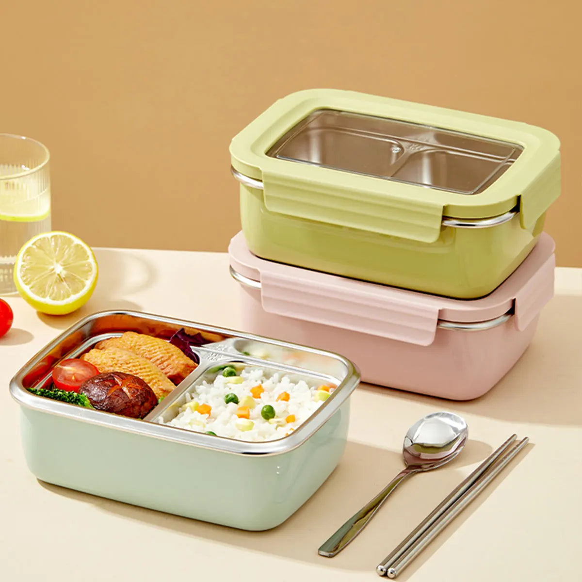 Microwave 304 Stainless Steel Compartment Lunch Box Stackable Leak-proof Student Bento Box Food Container For Cold And Hot Food