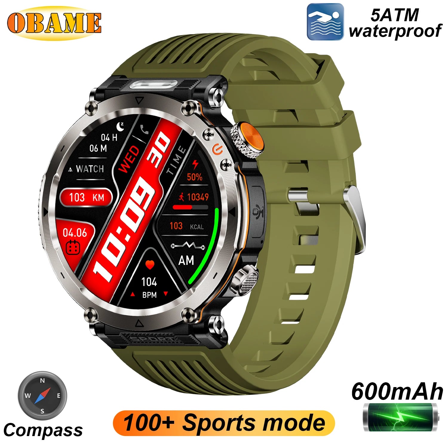 5ATM Outdoor Smart Watch Men 600mAh LED Flashlight SmartWatch Compass Bluetooth call Heart rate IP 68 Sports Smartwatch 2025 New