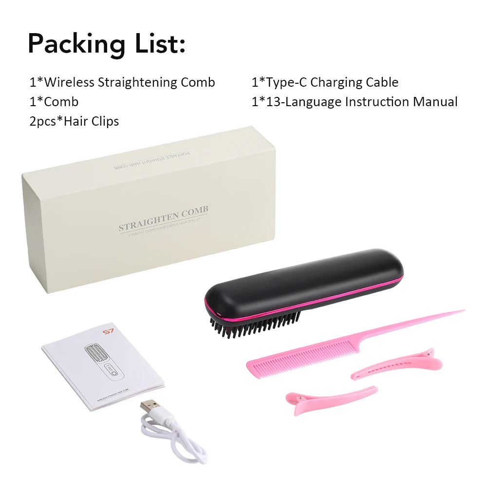 NEW Electric Ceramic Heating Straight Hair Comb Wireless Portable Negative Ion Styling Tool Rechargeable USB Straightening Brush