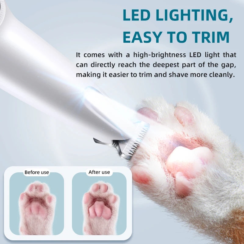 Pet electric clipper with LED lights, foot hair trimmer, professional dog and cat care products, USB rechargeable nail clippers