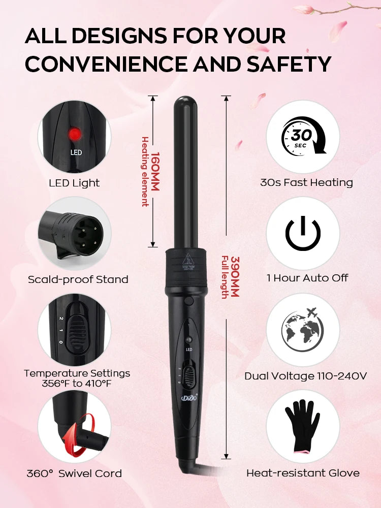 Interchangeable Curling Wand Set with Adjustable Temperature & PTC Heater Professional Hair Curling Iron for Salon Home Travel