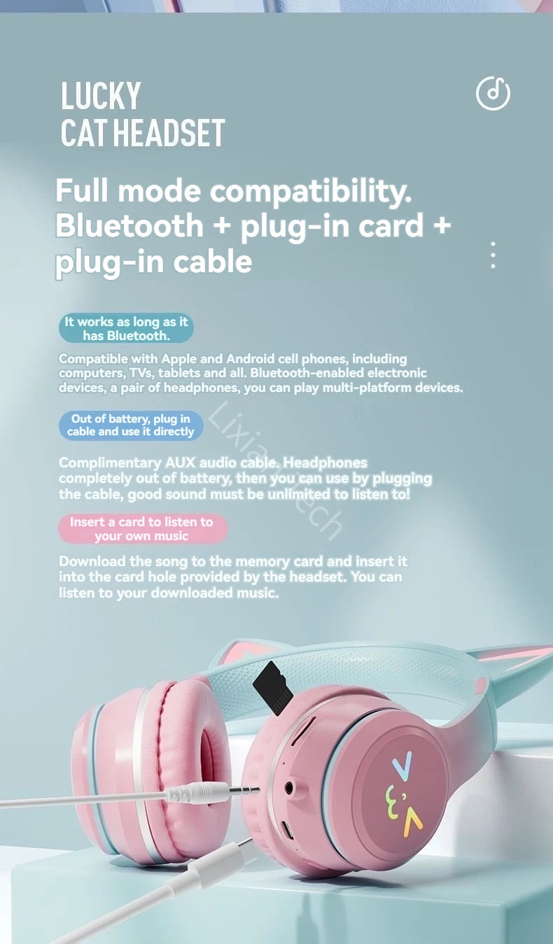 Flash Light Pink Cute Cat Ear Headphones Wireless Bluetooth Earphone Over-ear Noise Cancelling Folding Headset Girl Gift Earbuds