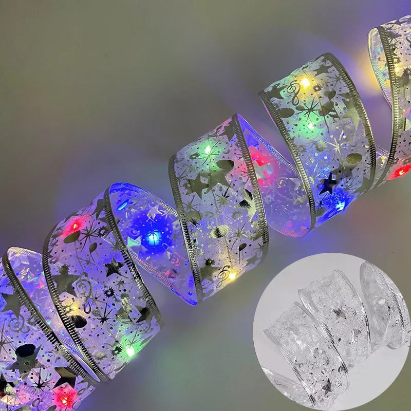 Christmas Ribbon Fairy Light Christmas Decoration DIY Bows String Light Tree Ornaments For Home 2024 Xmas Decor New Year Navidad