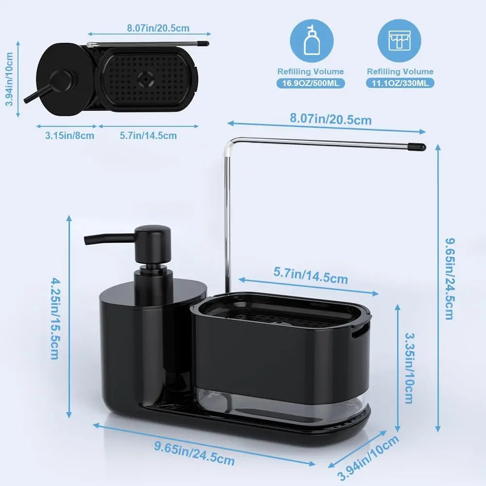 Kitchen Soap Dispenser Set, Kitchen Sink Soap Dispenser, Dish Soap Dispenser with Sponge Rack, Rag Rack and Tray, 4-in-1 Storage