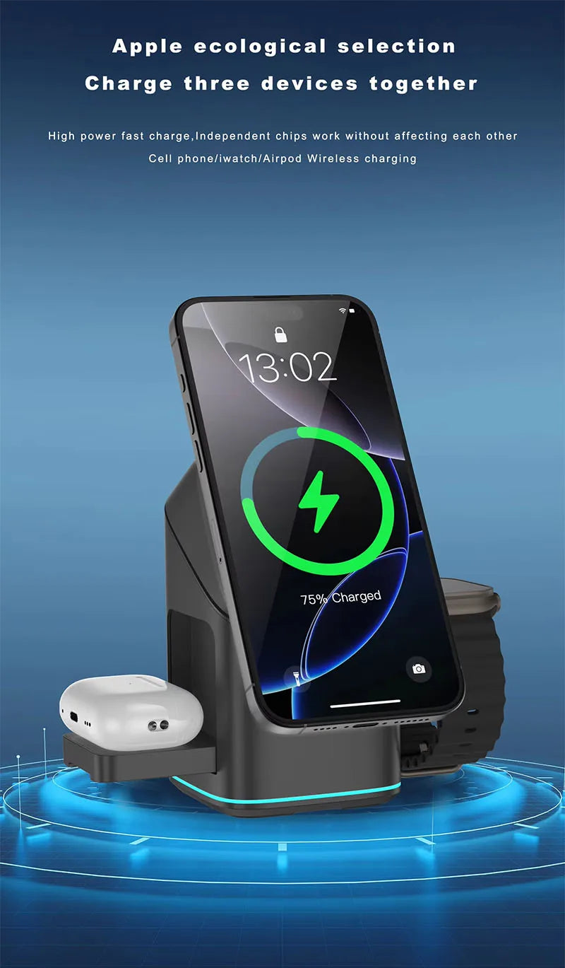 2025 Newest Universal Magnetic Charging Stand 30W Cube Rotational 3 in 1 Touch Auto Rotation Wireless Charger With Light