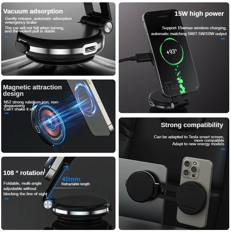 Magnetic Car Mount Strong Magnet 15W Wireless Charging Phone Holder Fast Car Charger for iPhone 12 13 14 15 Smartphone Stand