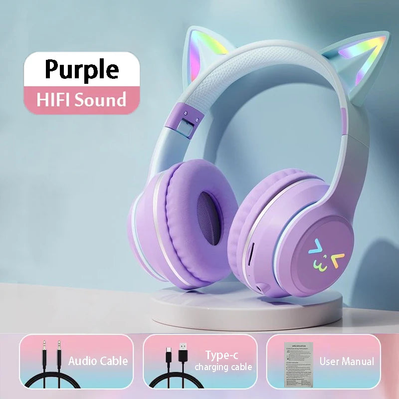 Flash Light Pink Cute Cat Ear Headphones Wireless Bluetooth Earphone Over-ear Noise Cancelling Folding Headset Girl Gift Earbuds