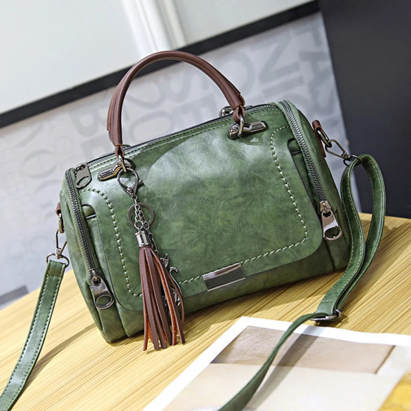 Tassel Decor Women's Large Capacity Shoulder Bag Fashion Zipper Crossbody Bag With Removable Strap Boston Handbag