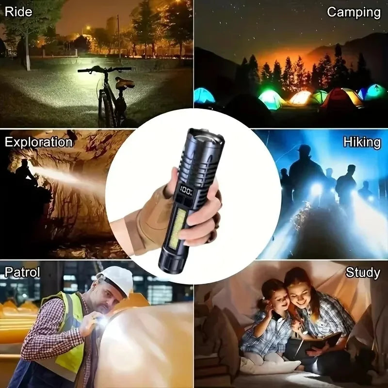 High Power LED Flashlight Powerful TYPE-C Rechargeable COB Flashlight With Side Light Torch For Outdoor Camping Hiking