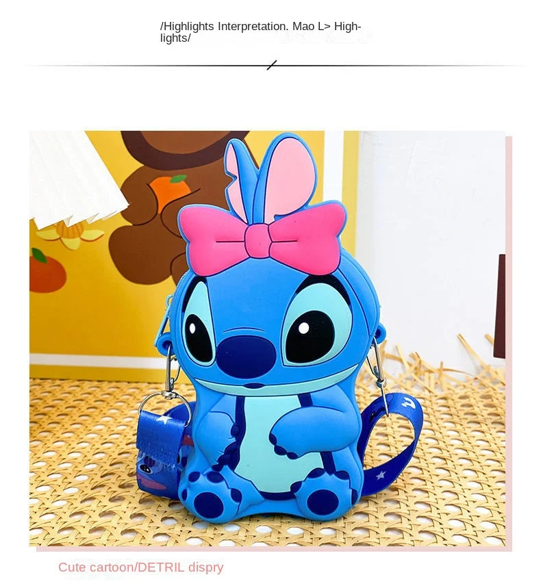 2025 new Shi Stitch cute boys and girls silicone coin purse go out cartoon small shoulder bag creative children storage bag.
