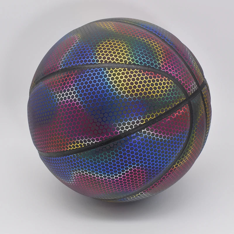 Size 7 PU Luminous Basketball Ball Holographic Reflective Lighted Flash Ball Wear-Resistant Glowing Basketball Night Sports Game
