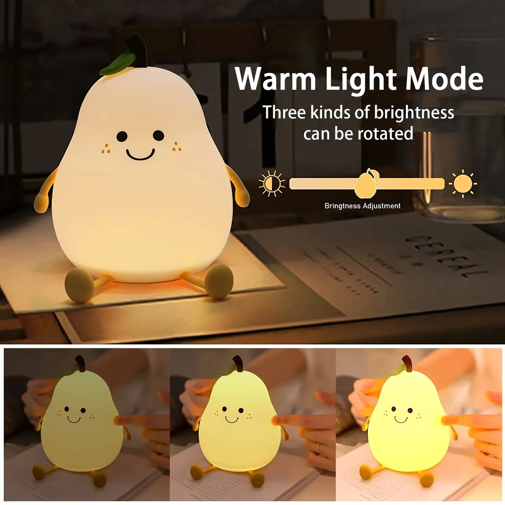 1pc Cute Pear Night Light 7-Color Dimmable Touch-Controlled Night Light Silicone Stress Reducing Pat Lamp USB Rechargeable