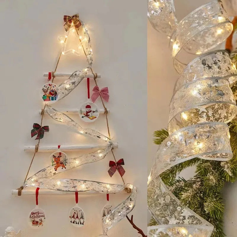Christmas Ribbon Fairy Light Christmas Decoration DIY Bows String Light Tree Ornaments For Home 2024 Xmas Decor New Year Navidad