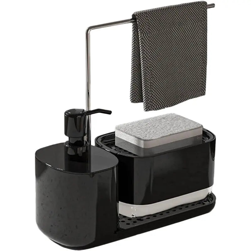 Kitchen Soap Dispenser Set, Kitchen Sink Soap Dispenser, Dish Soap Dispenser with Sponge Rack, Rag Rack and Tray, 4-in-1 Storage