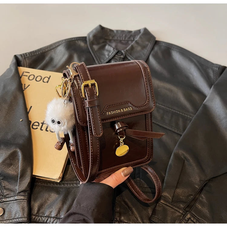 Women's Burgundy Crossbody Bag 2025 Fashion New PU Leather Square Texture Glossy Shoulder Packs Versatile Phone Lipstick Bags