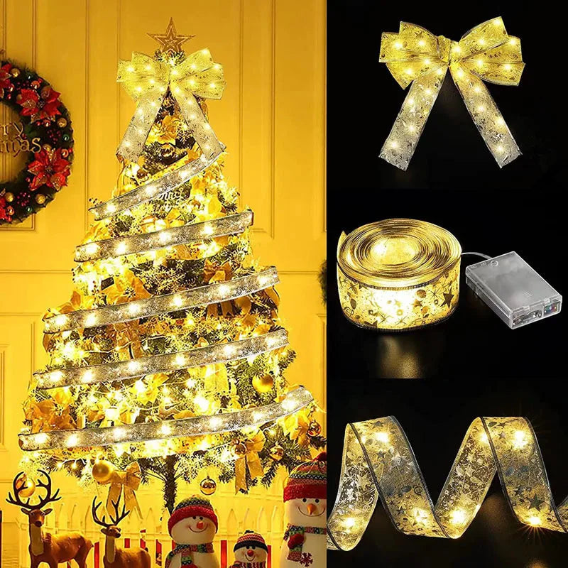 Christmas Ribbon Fairy Light Christmas Decoration DIY Bows String Light Tree Ornaments For Home 2024 Xmas Decor New Year Navidad