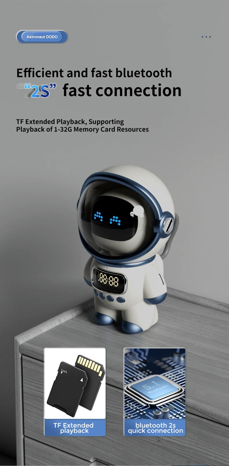 New portable wireless audio speaker, Smart Astronaut Bluetooth speaker with nightlight, FM radio, subwoofer, music speaker