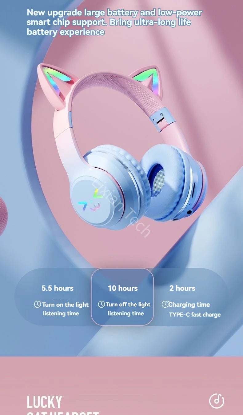 Flash Light Pink Cute Cat Ear Headphones Wireless Bluetooth Earphone Over-ear Noise Cancelling Folding Headset Girl Gift Earbuds
