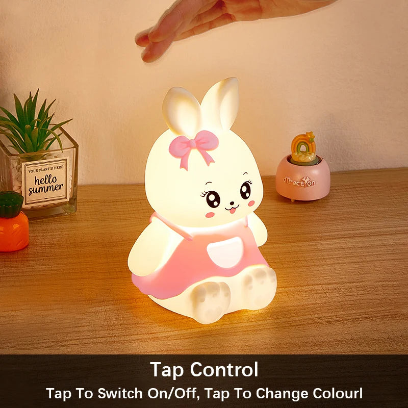 Cute Kids Night Lights 5 Colour Changing LED Silicone Rabbit Lamp with Battery, for Nursery Children Baby Camping Home Decor