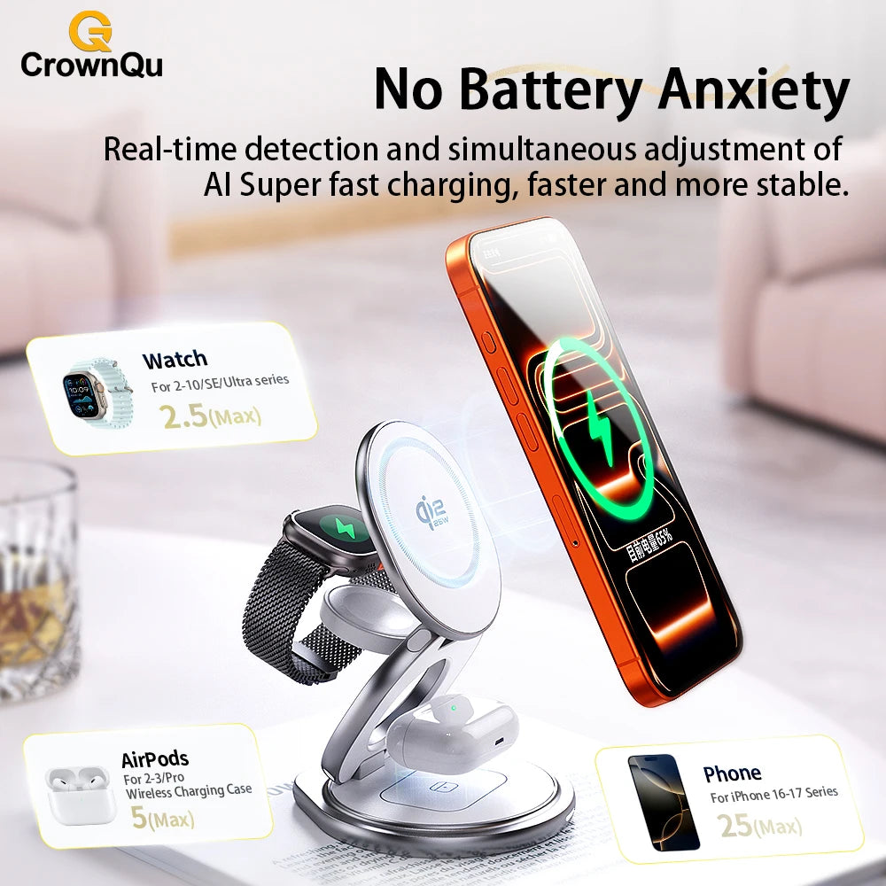 Qi2.2 3-in-1 Metal Magnetic Wireless Charger 25W Fast Charging Station 360° Rotation Foldable for iPhone 17 16 15 Watch Airpods