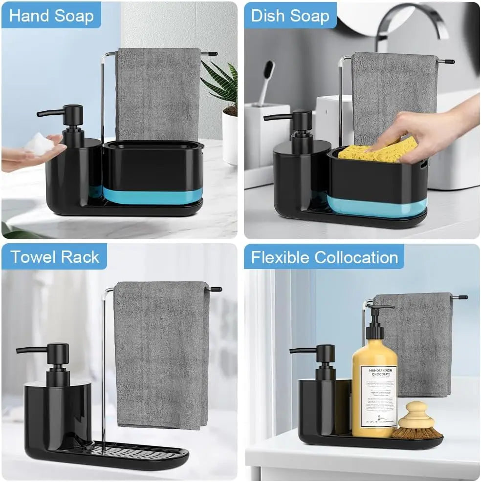 Kitchen Soap Dispenser Set, Kitchen Sink Soap Dispenser, Dish Soap Dispenser with Sponge Rack, Rag Rack and Tray, 4-in-1 Storage